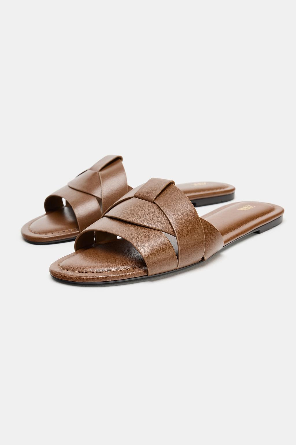 Tan brown woven leather Zara slide sandals