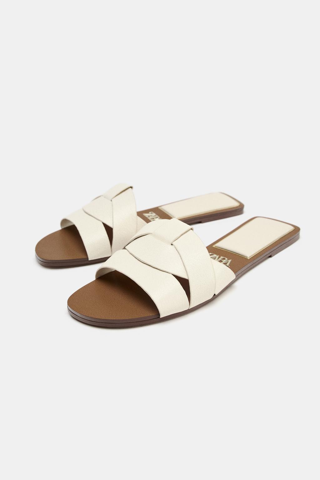Cream woven leather Zara slide sandals